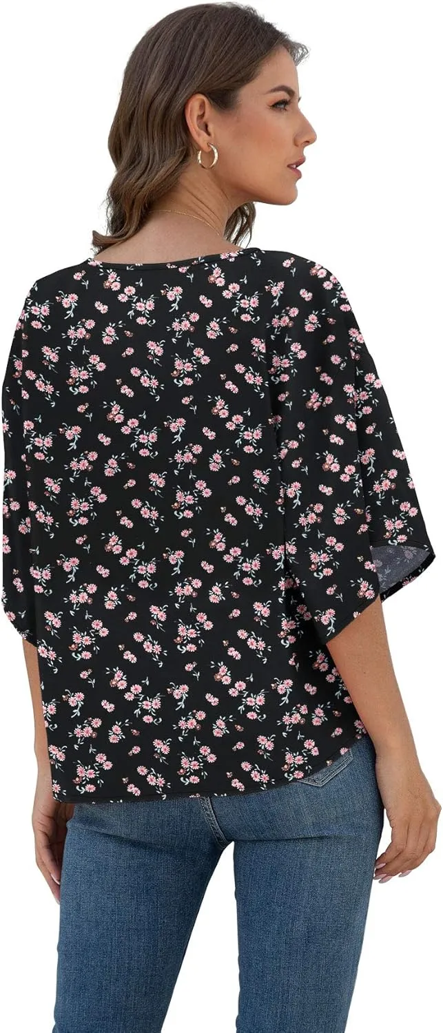 VIISHOW Womens Tie Front Chiffon Blouses V Neck Batwing Short Sleeve Summer Floral Tops Shirts
