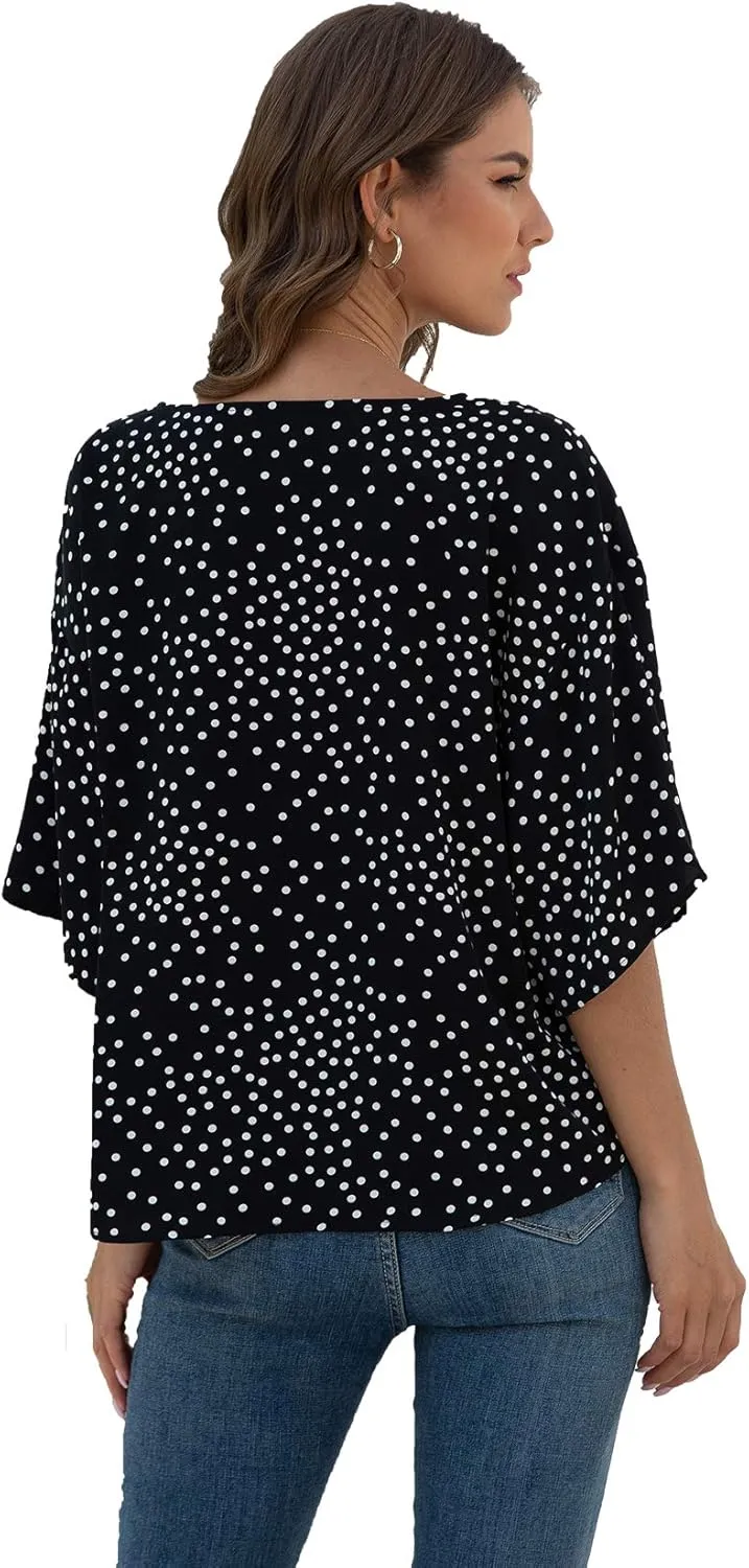 VIISHOW Womens Tie Front Chiffon Blouses V Neck Batwing Short Sleeve Summer Floral Tops Shirts