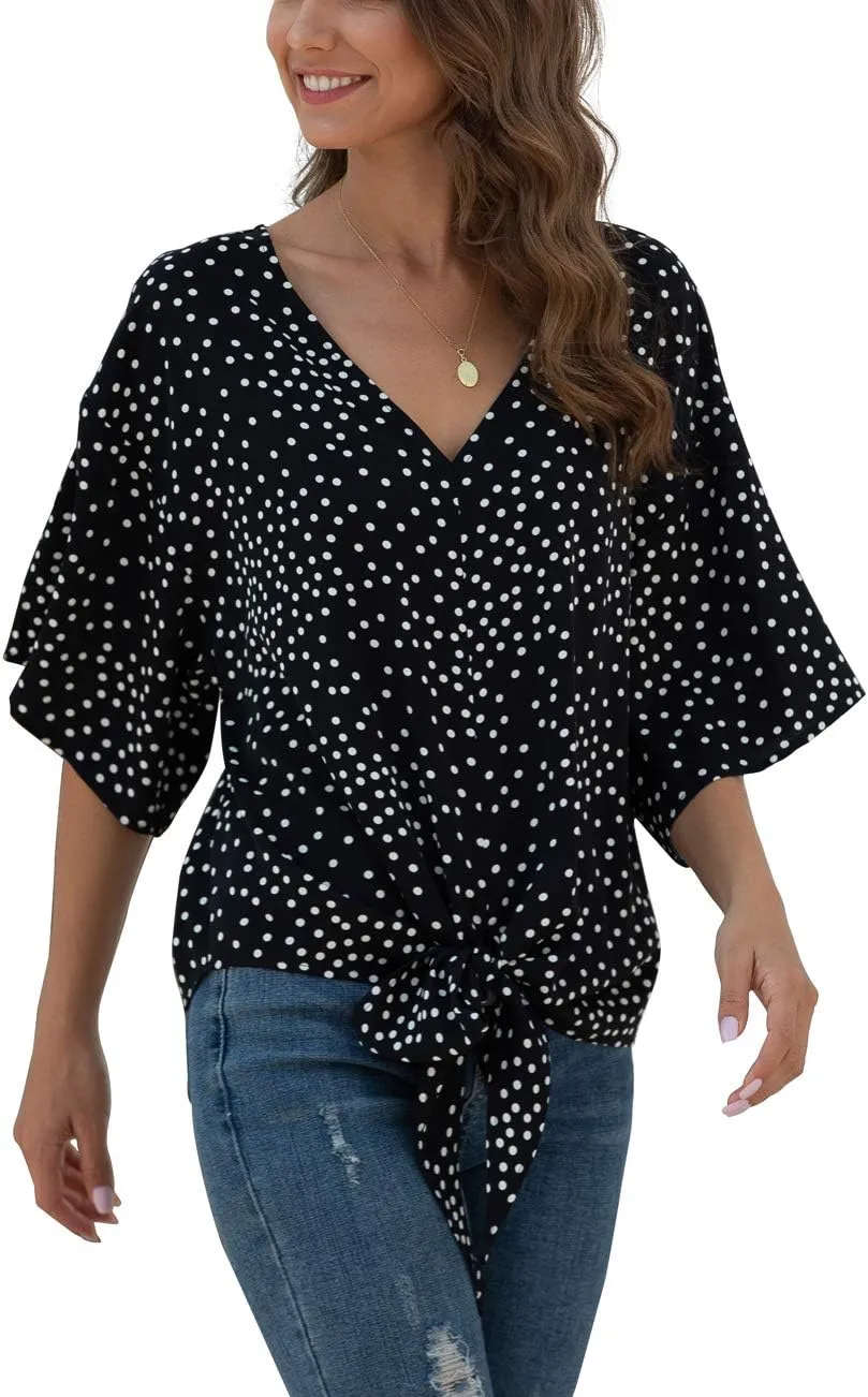 VIISHOW Womens Tie Front Chiffon Blouses V Neck Batwing Short Sleeve Summer Floral Tops Shirts