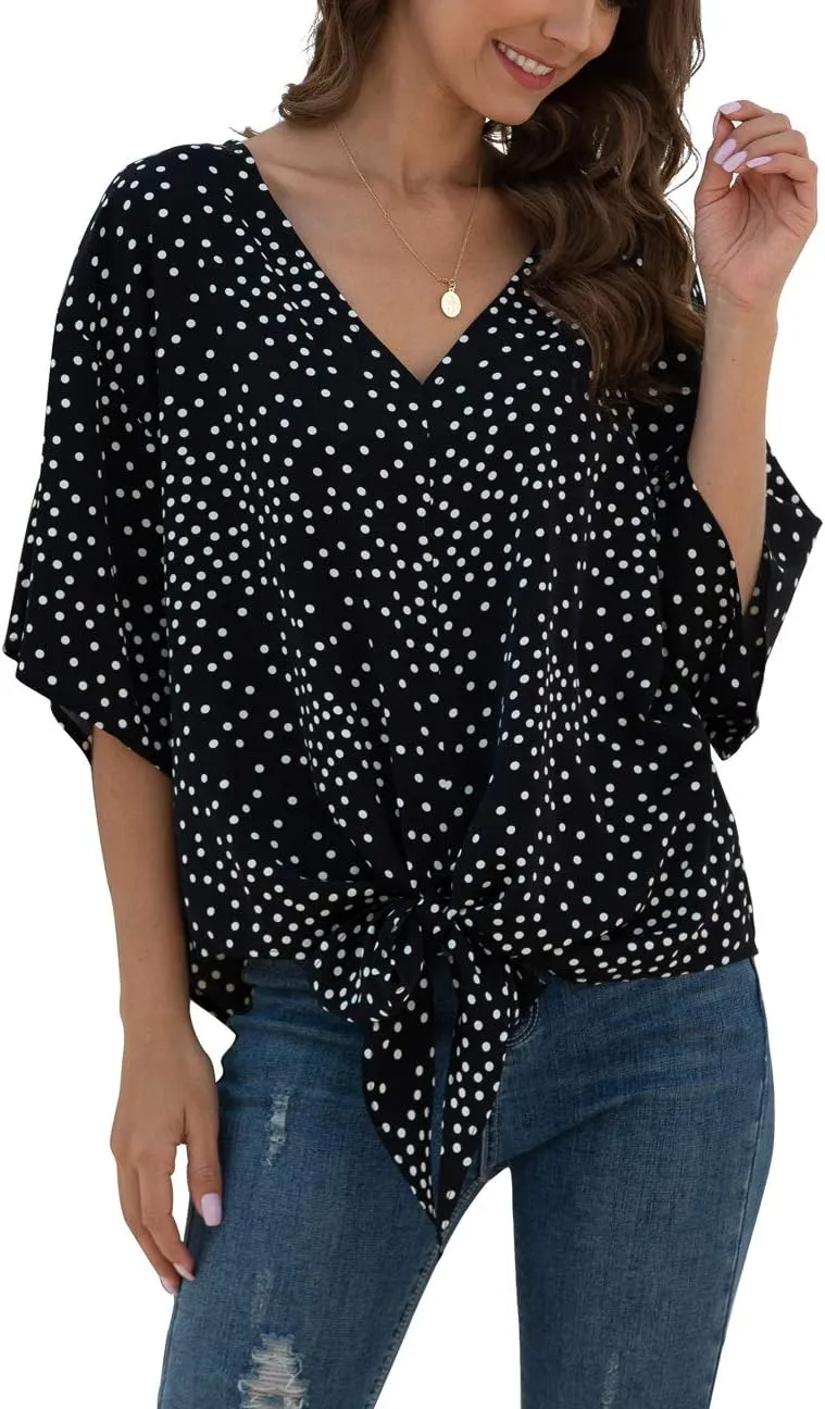 VIISHOW Womens Tie Front Chiffon Blouses V Neck Batwing Short Sleeve Summer Floral Tops Shirts