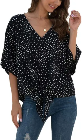 VIISHOW Womens Tie Front Chiffon Blouses V Neck Batwing Short Sleeve Summer Floral Tops Shirts