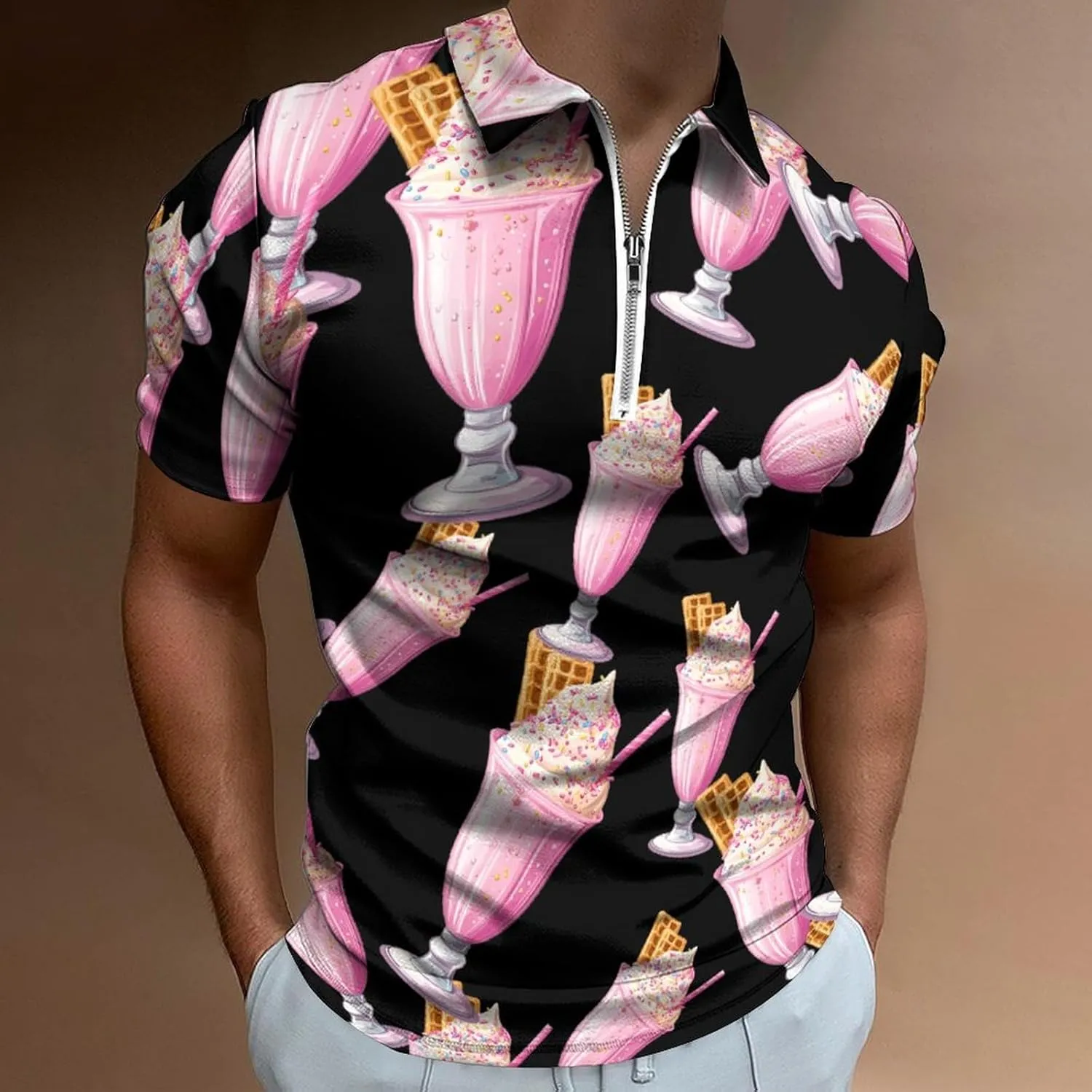 Waffle Trendy Polo Shirts for Men Short Sleeve Lapel Collar Zipper T-Shirts Outdoor Sports