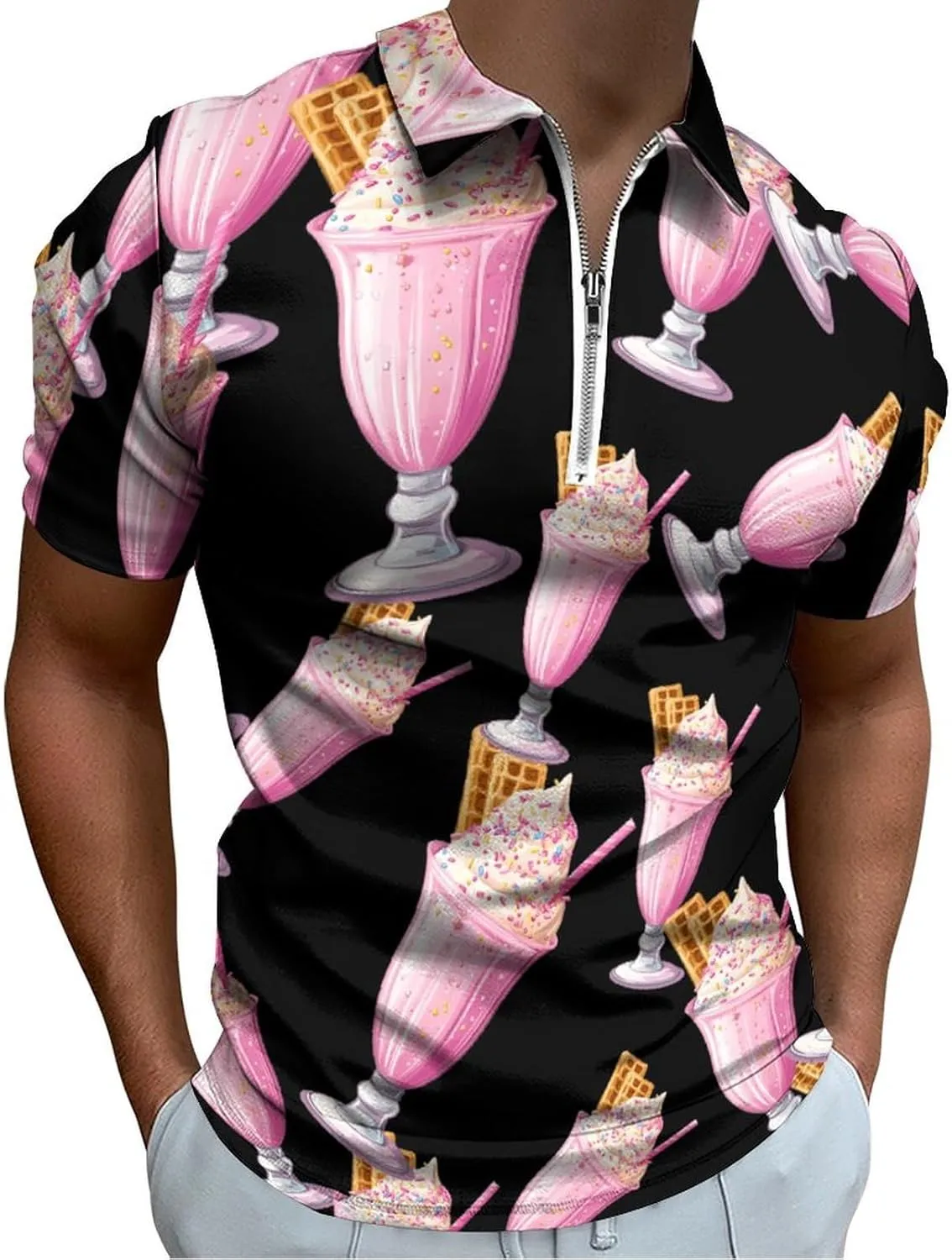Waffle Trendy Polo Shirts for Men Short Sleeve Lapel Collar Zipper T-Shirts Outdoor Sports