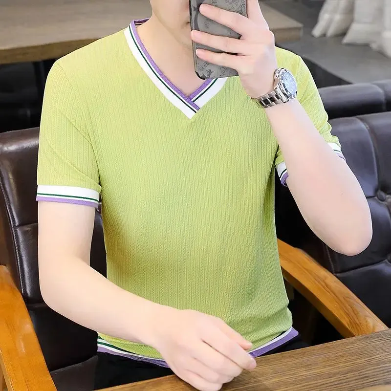 Wiaofellas  -  Fashion V-Neck Spliced Loose Short Sleeve T-Shirt Men's Clothing Summer New Oversized Casual Pullovers All-match Tee Shirt