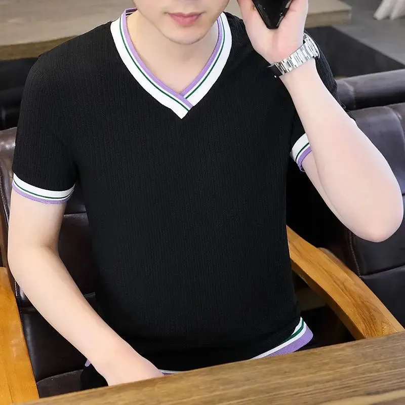 Wiaofellas  -  Fashion V-Neck Spliced Loose Short Sleeve T-Shirt Men's Clothing Summer New Oversized Casual Pullovers All-match Tee Shirt