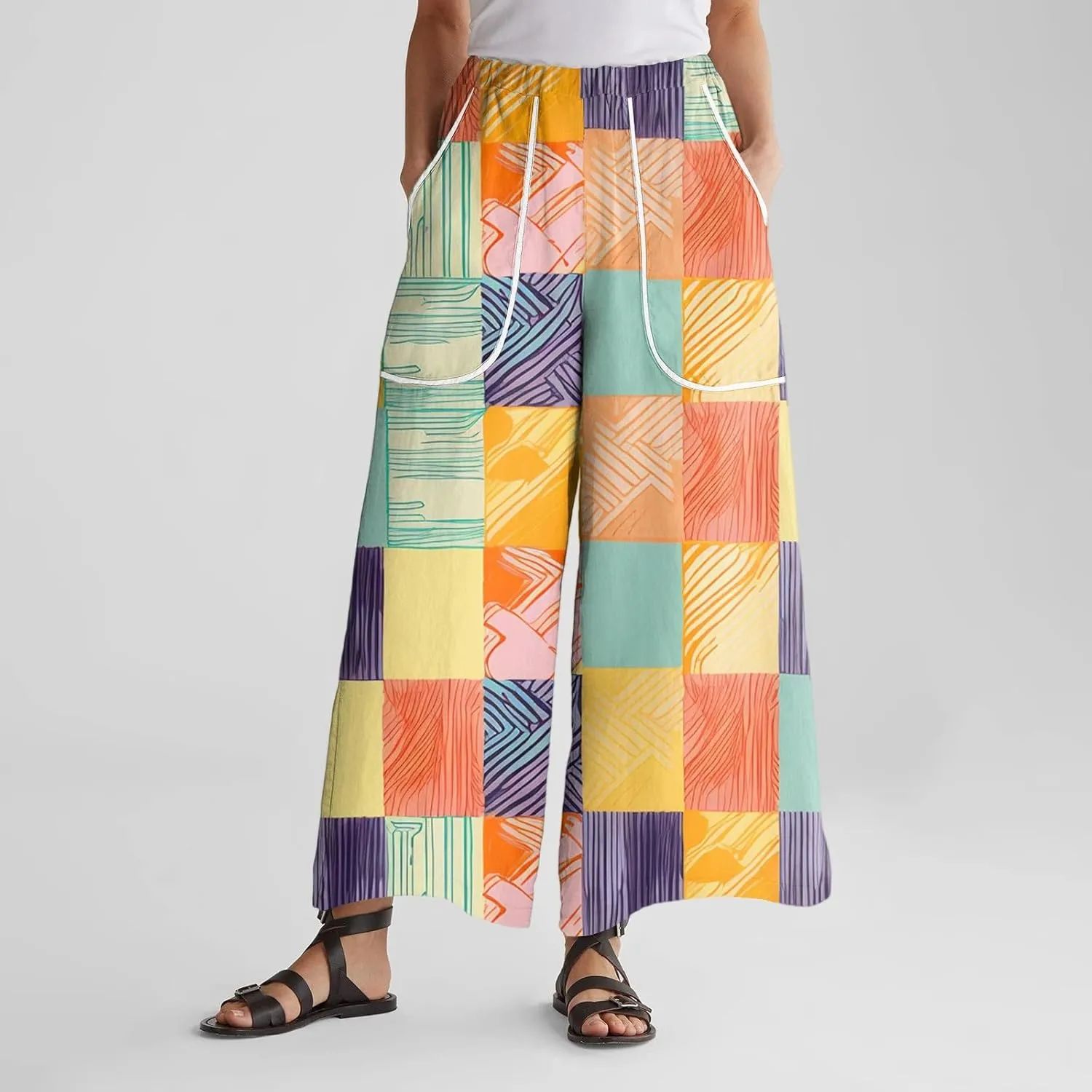 Wide Leg Pants for Women Summer High Waisted Palazzo Floral Print Pants Elastic Waist Lounge Trousers