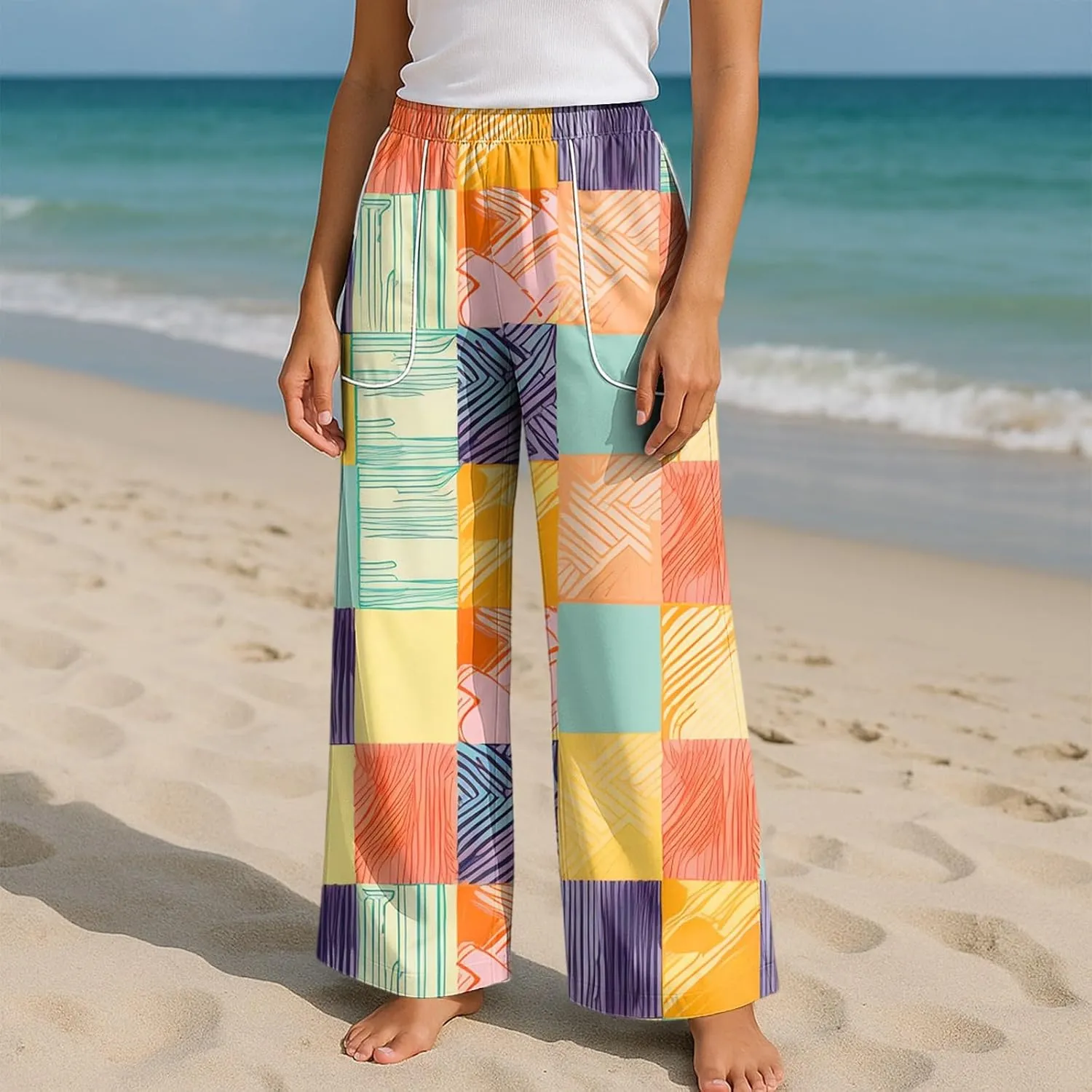Wide Leg Pants for Women Summer High Waisted Palazzo Floral Print Pants Elastic Waist Lounge Trousers