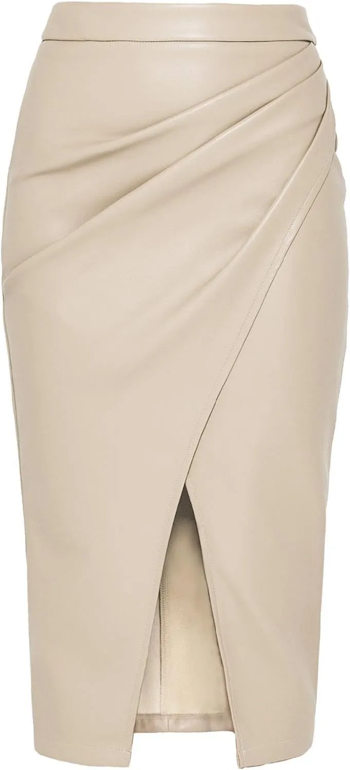 Women Faux Leather Skirts Front Slit Ruched Tummy Control High Waist Bodycon Midi Pencil Skirt