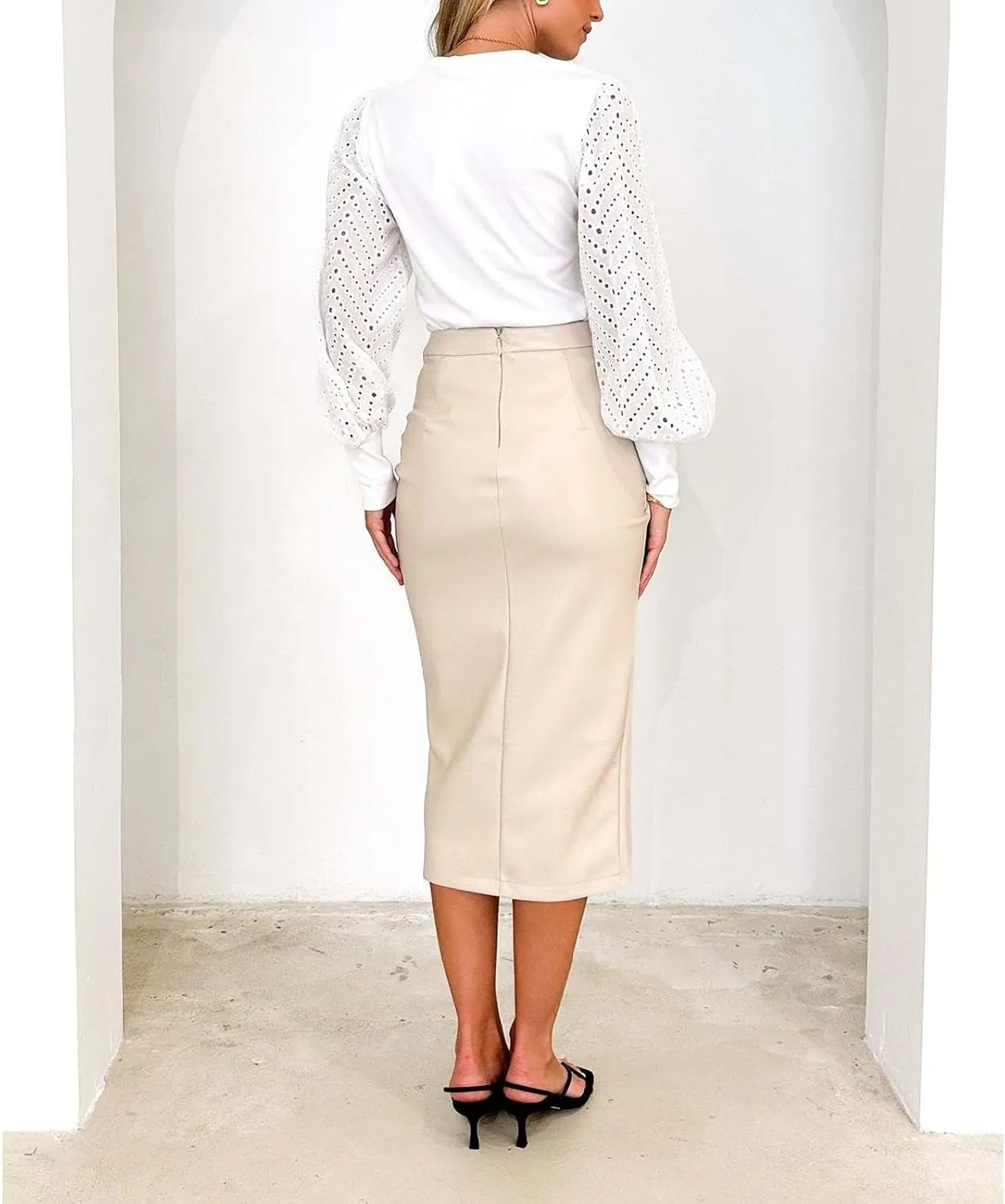Women Faux Leather Skirts Front Slit Ruched Tummy Control High Waist Bodycon Midi Pencil Skirt