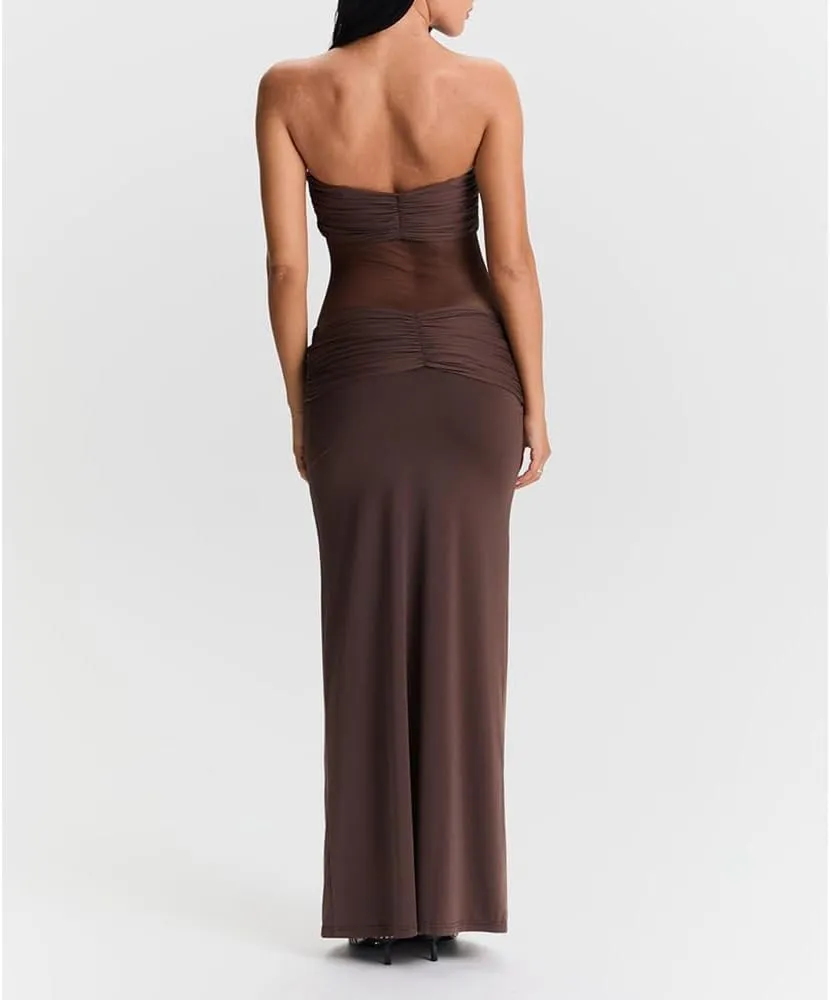 Women Sheer Maxi Dress Detachable Spaghetti Straps Knotted Twist Bodycon Long Dresses Party Cocktail Wear