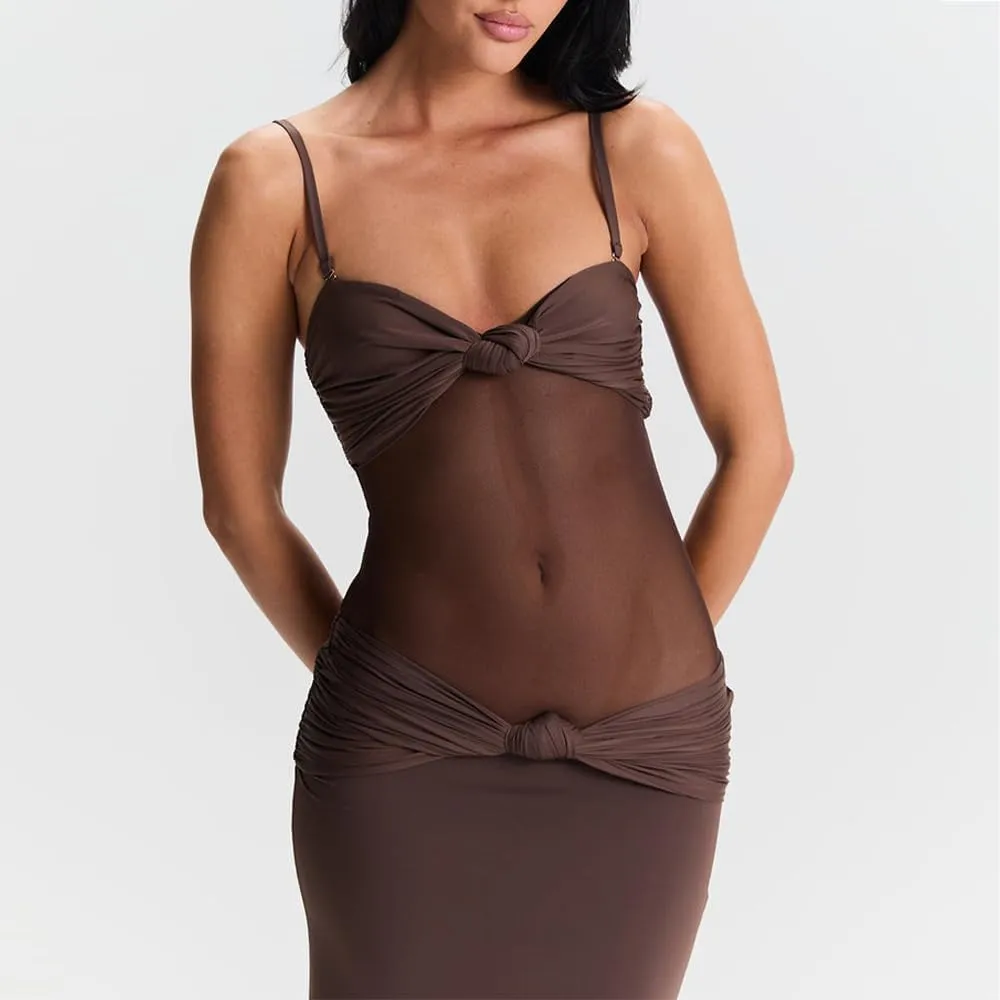 Women Sheer Maxi Dress Detachable Spaghetti Straps Knotted Twist Bodycon Long Dresses Party Cocktail Wear