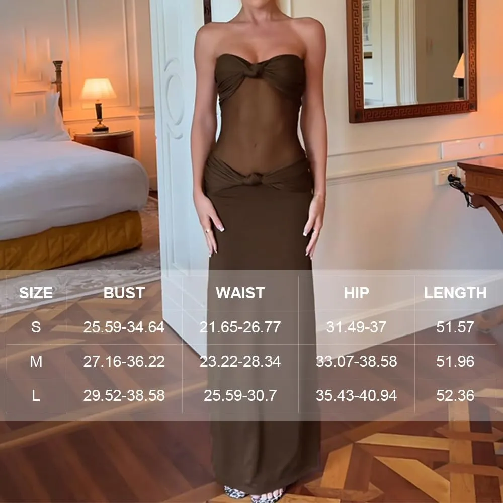 Women Sheer Maxi Dress Detachable Spaghetti Straps Knotted Twist Bodycon Long Dresses Party Cocktail Wear