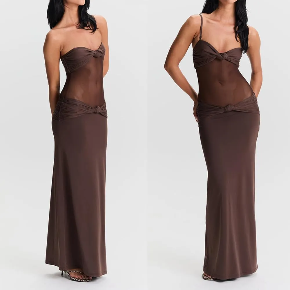 Women Sheer Maxi Dress Detachable Spaghetti Straps Knotted Twist Bodycon Long Dresses Party Cocktail Wear