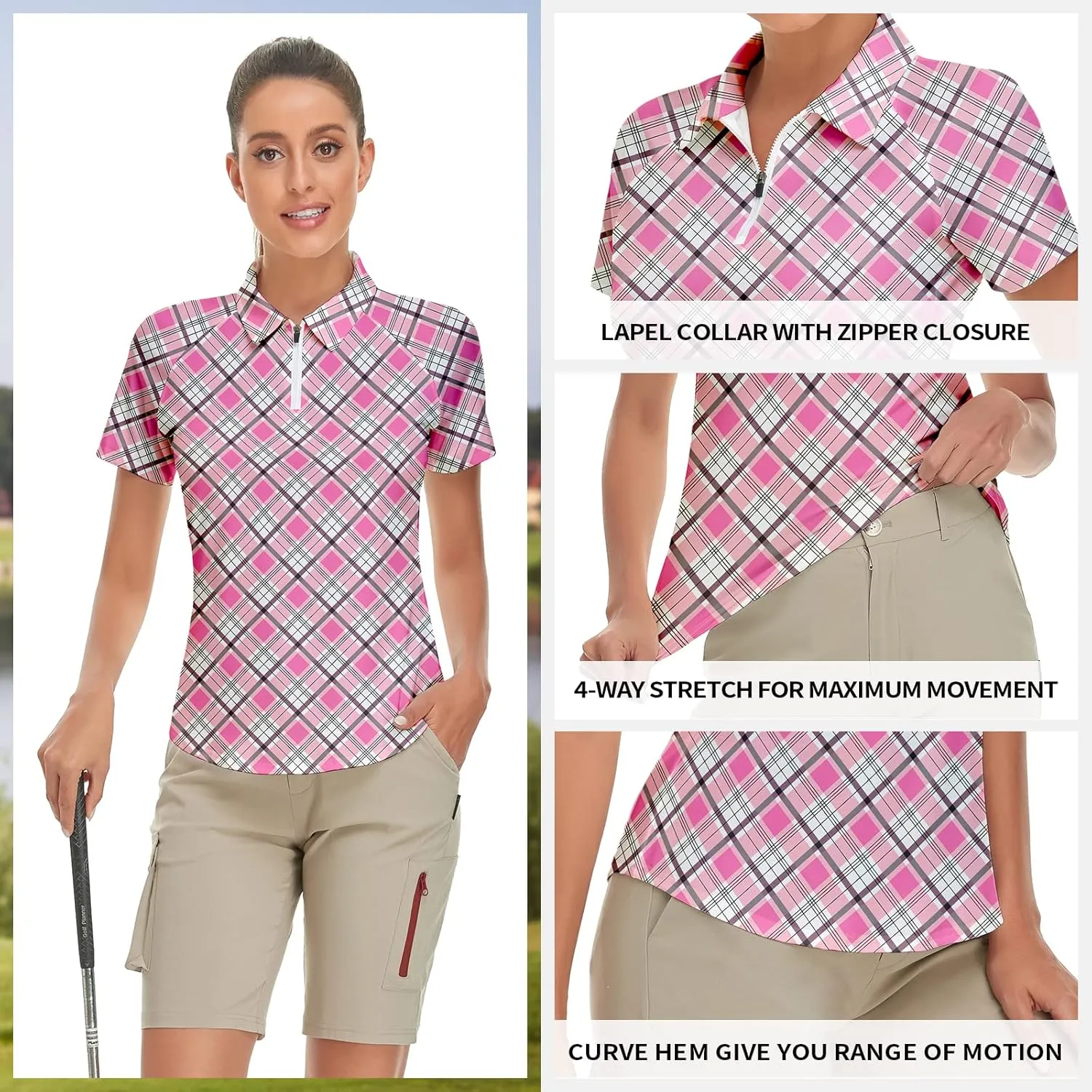 Women's Golf Shirt Short Sleeve Tennis Shirt Quarter Zip Golf Pullover Golf Polo Shirts Argyle Tops