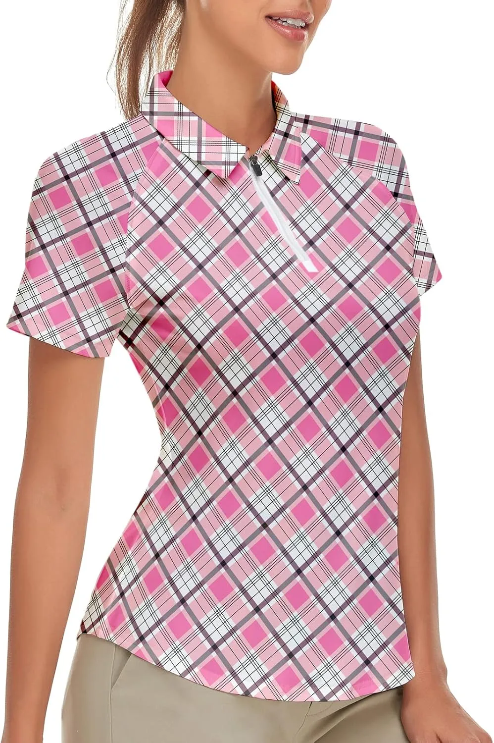 Women's Golf Shirt Short Sleeve Tennis Shirt Quarter Zip Golf Pullover Golf Polo Shirts Argyle Tops