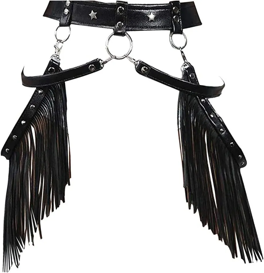 Womens Gothic Leather Tassel Body Leg Harness Garter Waist Belt Fringe Skirt for Music Festival Dance Party