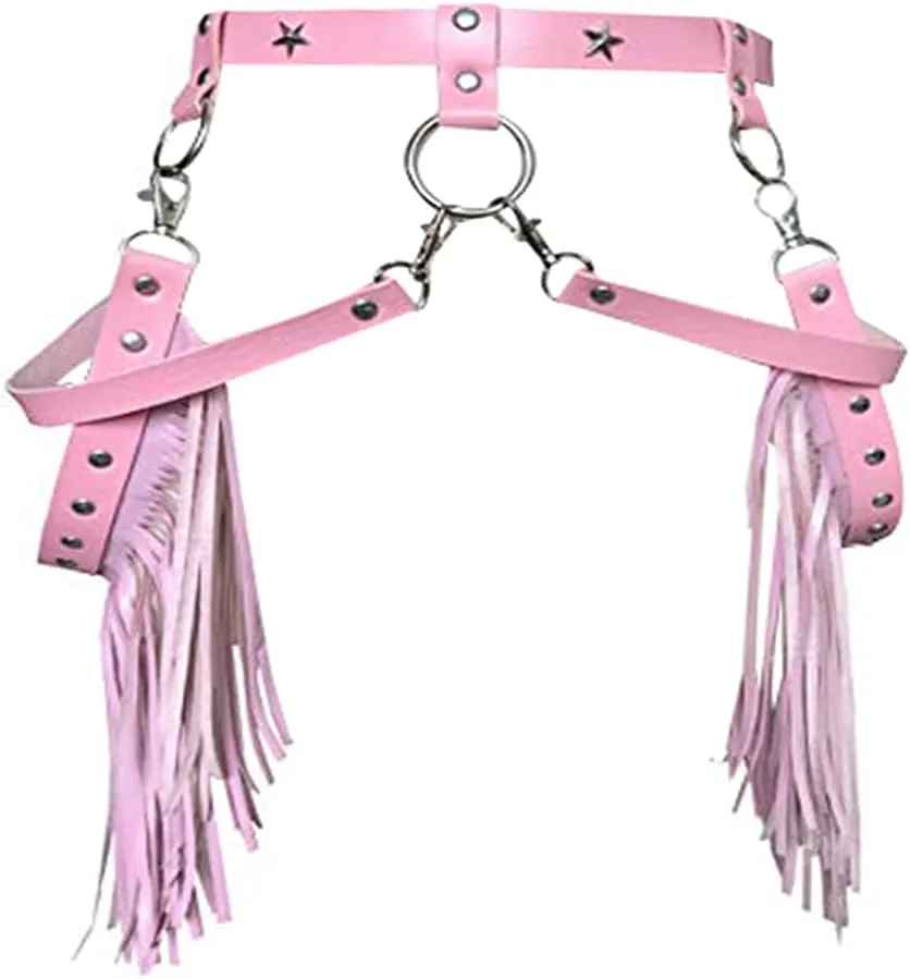 Womens Gothic Leather Tassel Body Leg Harness Garter Waist Belt Fringe Skirt for Music Festival Dance Party