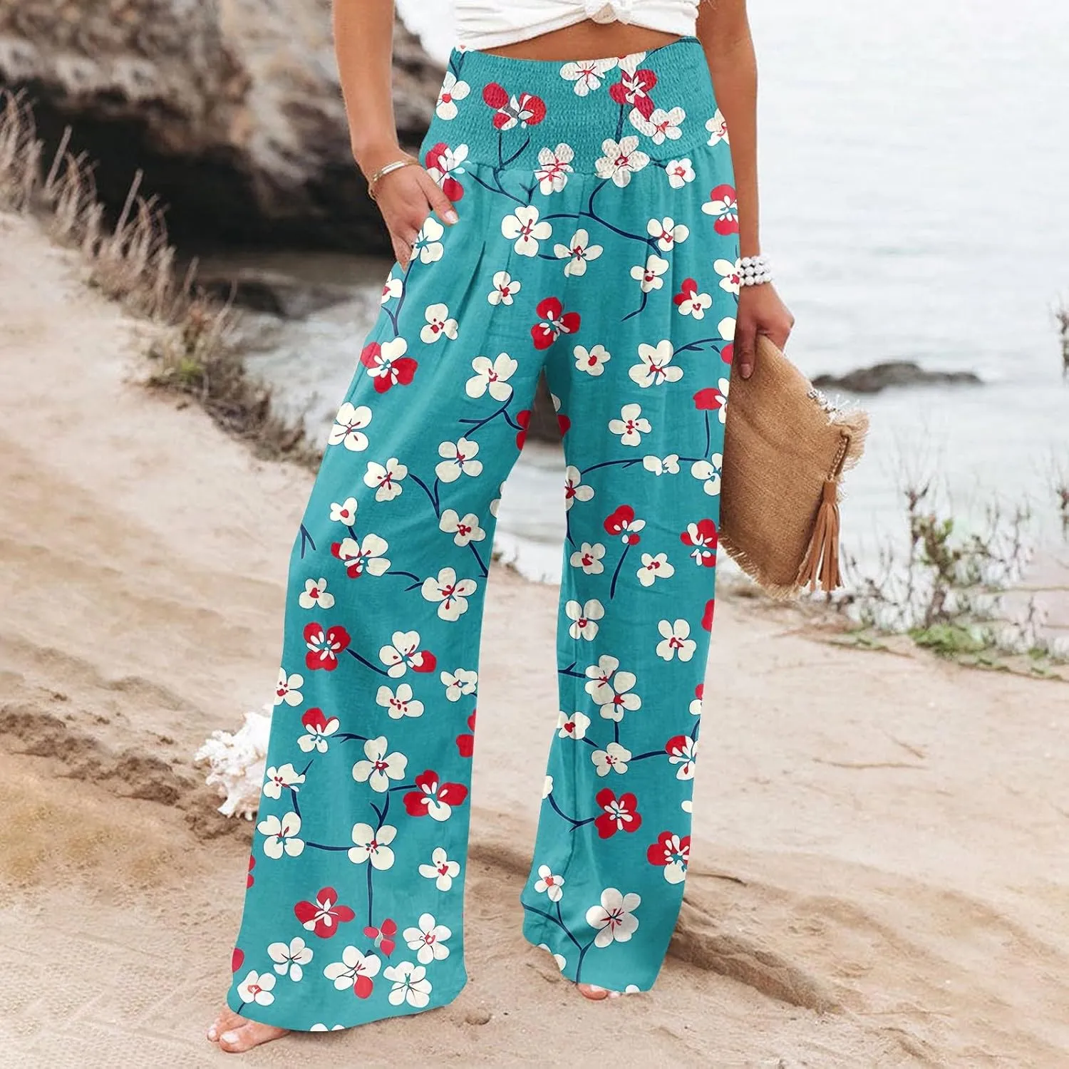 Womens High Waisted Palazzo Pants Summer Boho Wide Leg Long Lounge Pant Trousers Beach Travel Vacation Outfits