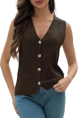 Women's Sweater Vests Summer V Neck Knit Tank Tops Crochet Button Down Sleeveless Y2k Shirts