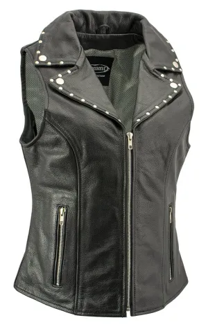 Xelement XS1028 Women's 'Dita' Black Motorcycle Leather Vest with Riveted Lapel Collar